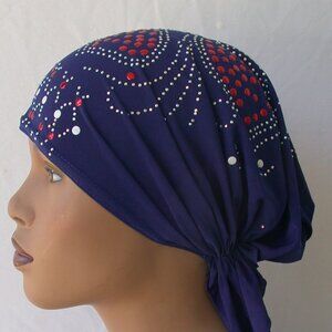 BLUE Pre-Tied Stud Chemo Cap Slip On Bonnet Hijab Undercap #5